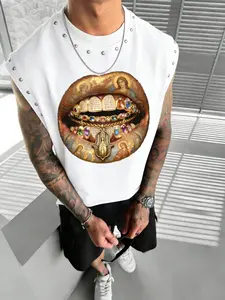 Men's American High Street Vest, Gold Lip Print & Stud Details, Casual Fitted Graphic Tank Top, Stylish for Cool Guys, Casual Street Fashion, All Seasons