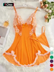 Women's Contrast Lace Bow Decor Mesh Cami Nightdress with Thong, Romantic Spaghetti Strap Backless Nightgown, Ladies Breathable Sleepwear for All Seasons, National Day Offers