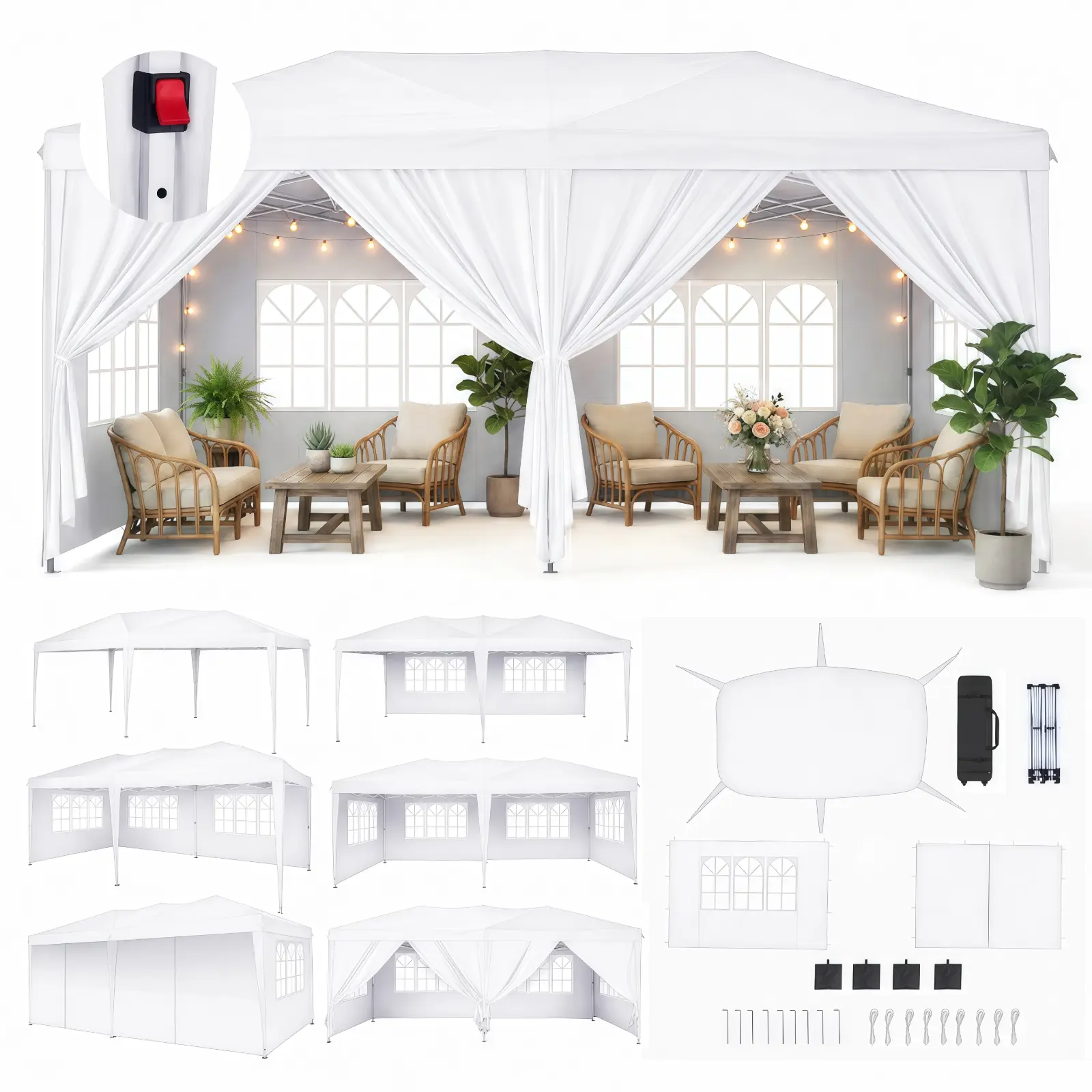 NorthSky 10x20 FT Pop Up Canopy Tent, 420D Waterproof UV-Blocking Oxford Fabric with Triangular Water-Resistant Top, 3-Level Adjustable Frame, 6 Sidewalls & Mosquito Netting, Commercial Instant Shade Tent with  Wind Accessories for Wedding Camping Party