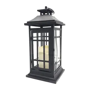 LumaBase Battery-Operated Metal Lantern with LED Candle Black Window for Home Decor Living Room Table Centerpiece