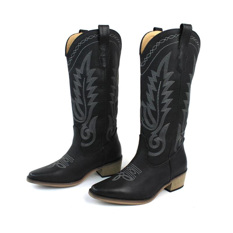 Women's Black Western Cowboy Snip Toe Embroidered Leather Knee High Cowgirl Boots Wide Calf AZARWOMAN