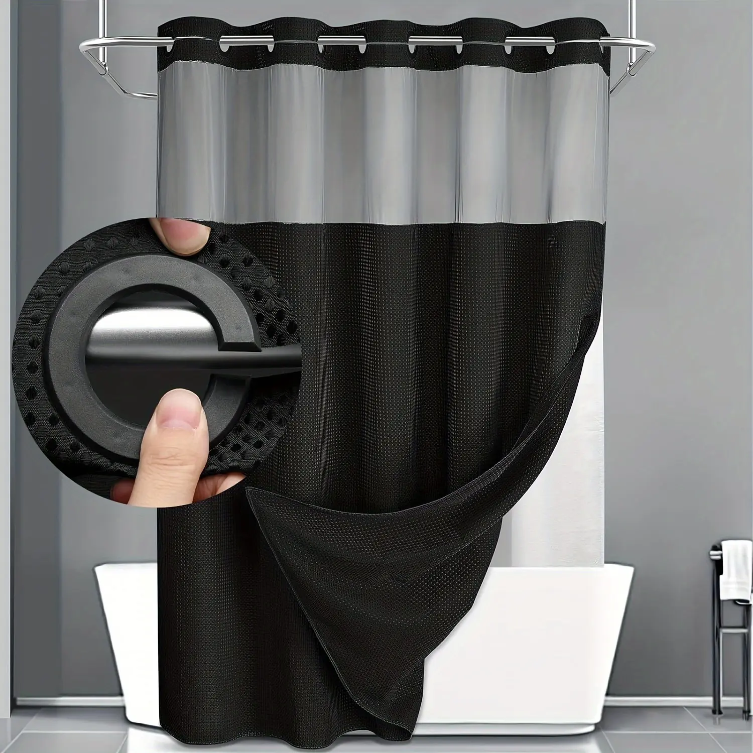 No Hook Shower Curtain and Liner Set, Classic Home Hookless Bathroom Curtain, Stain-Resistant Double-Layer Textured Non-Absorbent Waterproof Shower Curtain with Through Mesh Top Window, Hotel Style Waffle Shower Curtain with Liner 75" L x 72" W