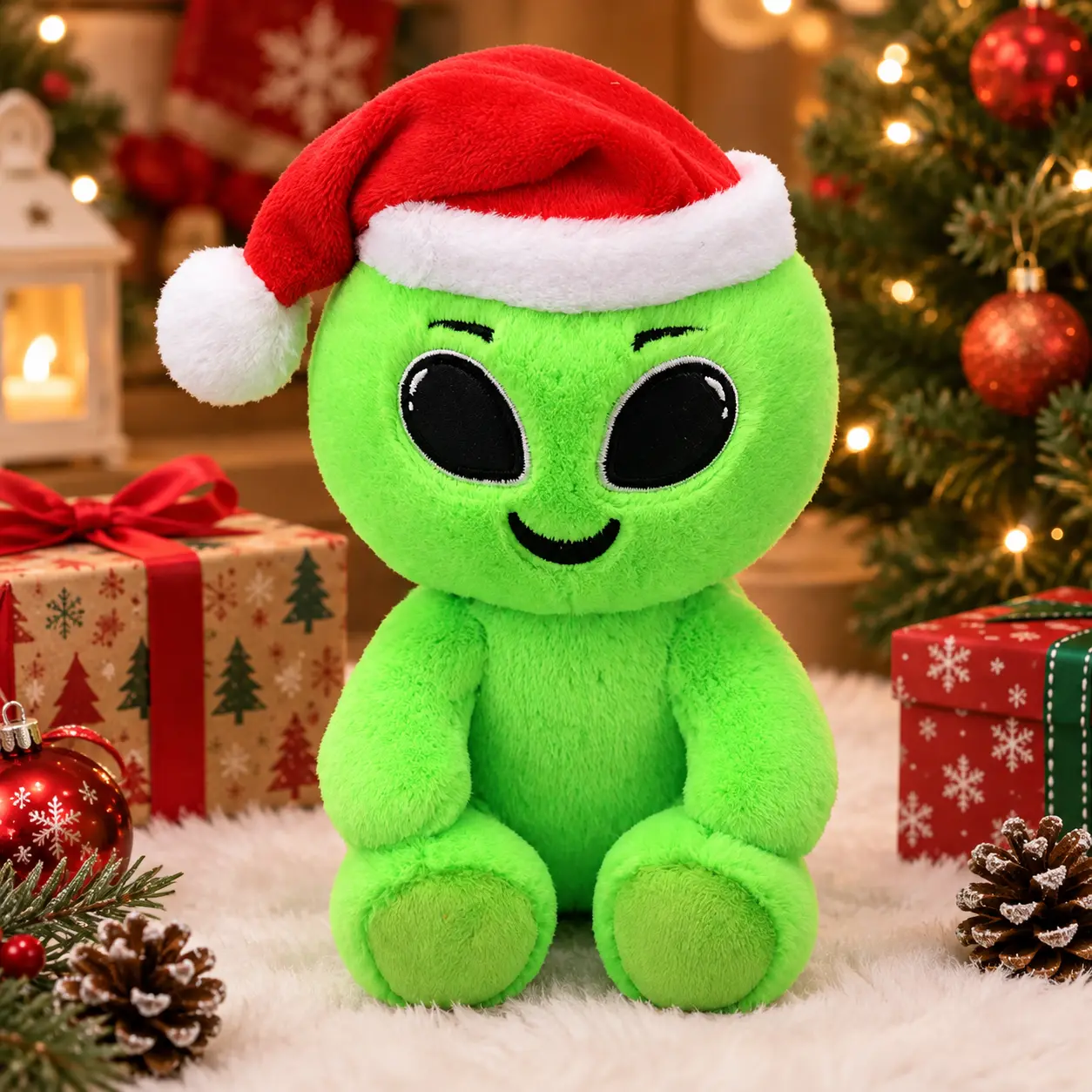 8 Inch Green Alien Plush Toy with Santa Hat, Cute Soft Stuffed Animal for Christmas Gifts, Kids and Collectors