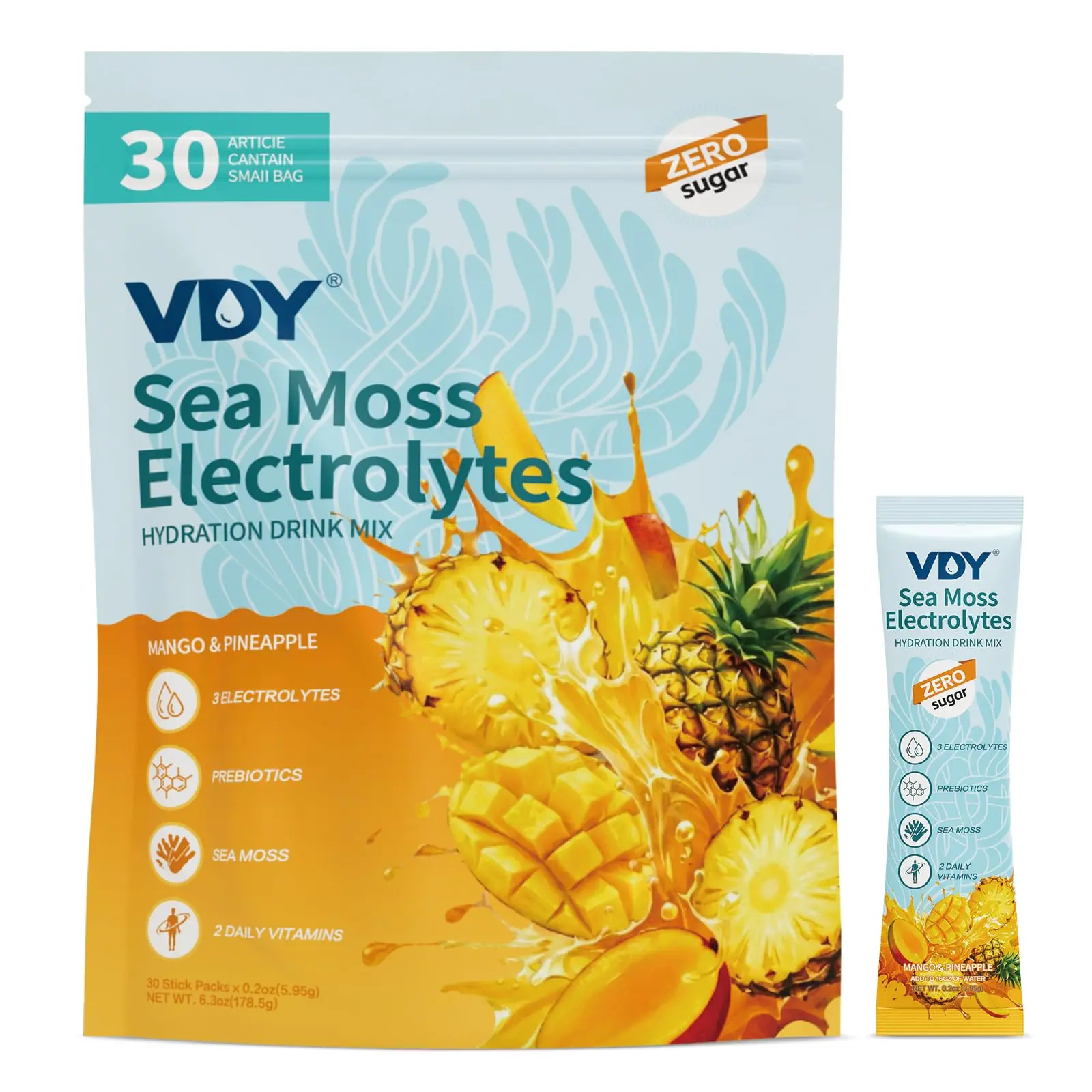 Sea Moss Electrolyte Powder Packets - 30 Sticks Sugar-Free, 0-Calorie, Gluten-Free Hydration Drink Mix - Mango Pineapple Flavor