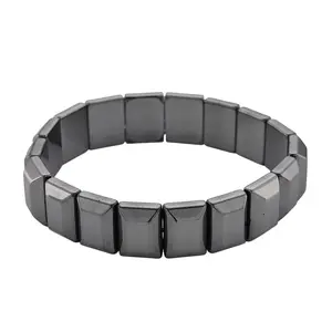 Black Hematite Block Stretch Men's Bracelet 360.00 ctw 8-8.5 Inches