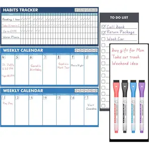 Dry Erase Whiteboard for Fridge -  White Board for Refrigerator - 2 Sheets of Weekly Calenders, Monthly Habit , Memo Pad,  and 4 Markers - 4" x 10"