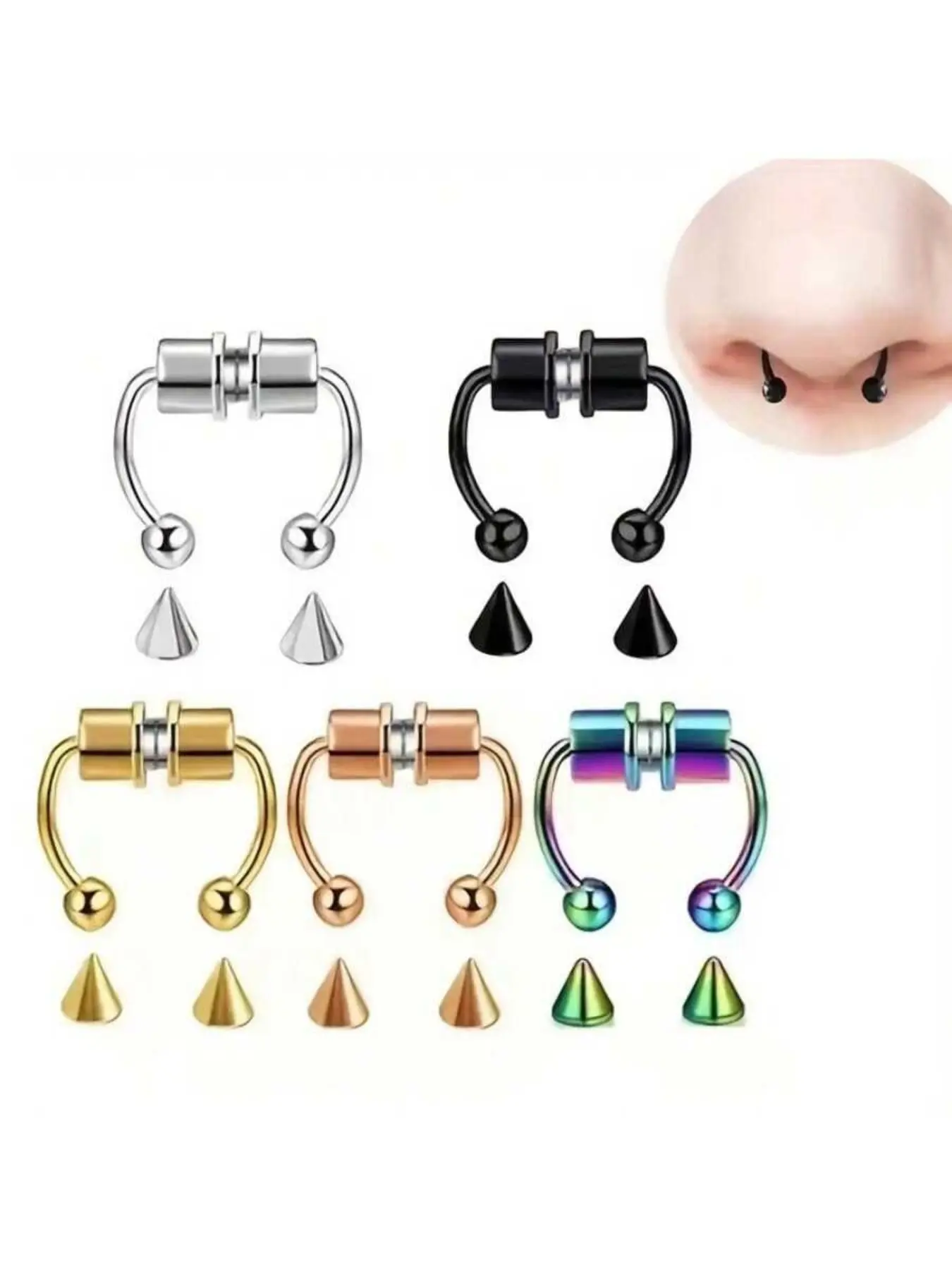 1/5Pcs Women Men Fake Piercing Nose Ring Earrings Fashion Punk Non Piercing Nose Clip Stainless Steel Perforation Nasal Septum Body Jewelry Nose Rings Hoops