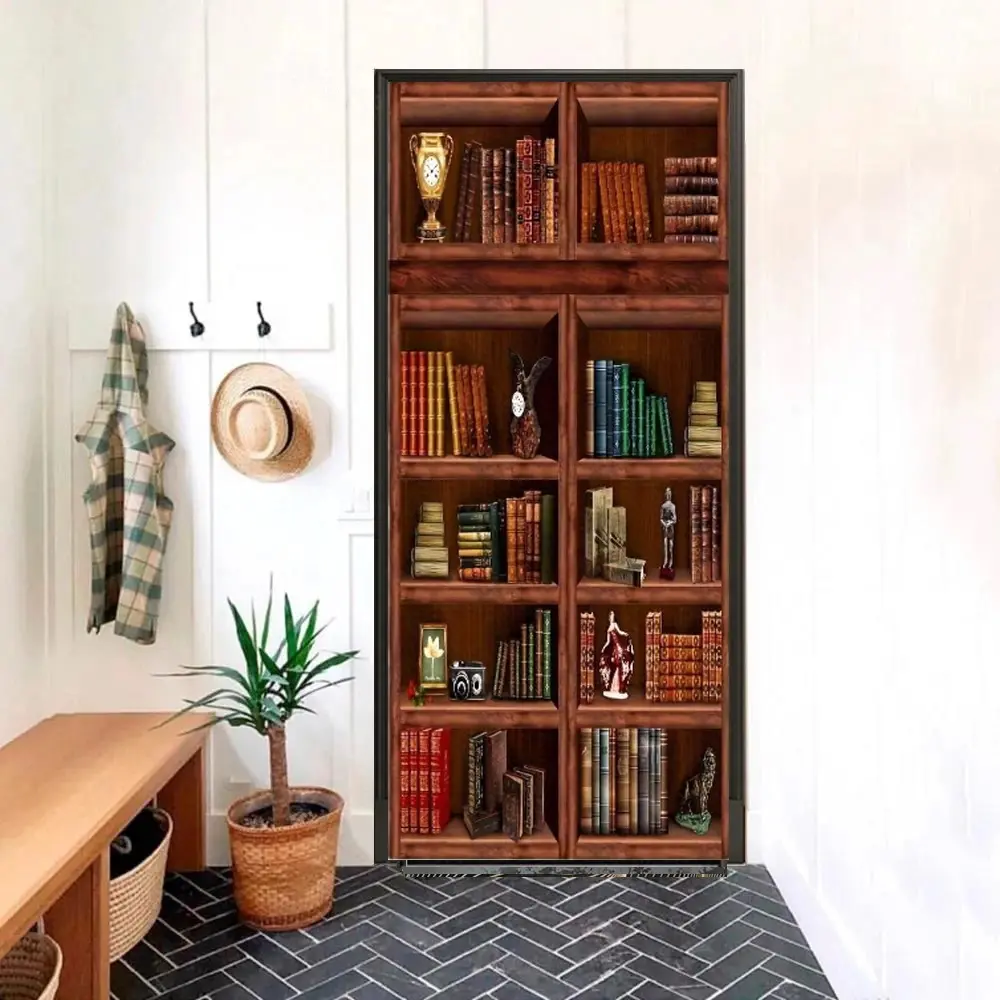 Modern vinyl door stickers, tear-and-stick waterproof wallpaper, self-adhesive PVC wall decoration stickers, removable home decor, library design.