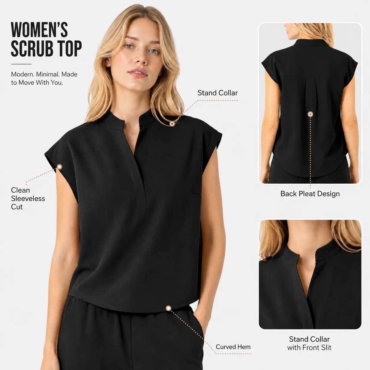 EIPNARE Scrub Top for Women, Sleeveless Stand Collar Medical Work Shirt with Back Pleat, Lightweight Stretch Easy-Care Nurse Uniform