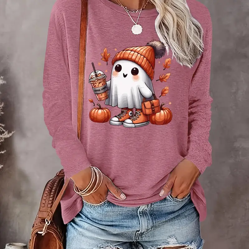 Women's Halloween Ghost Print Round Neck Tee, Casual Long Sleeve Crew Neck T-shirt  for Fall & Winter, Women's Clothes for Daily Wear