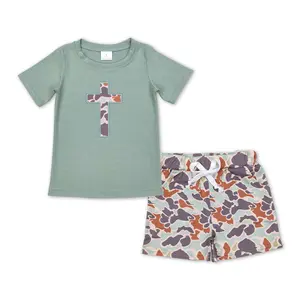 Easter Vibes  Camo Cross Boy's Short Sleeve Cotton Set Kids Outfits Clothes