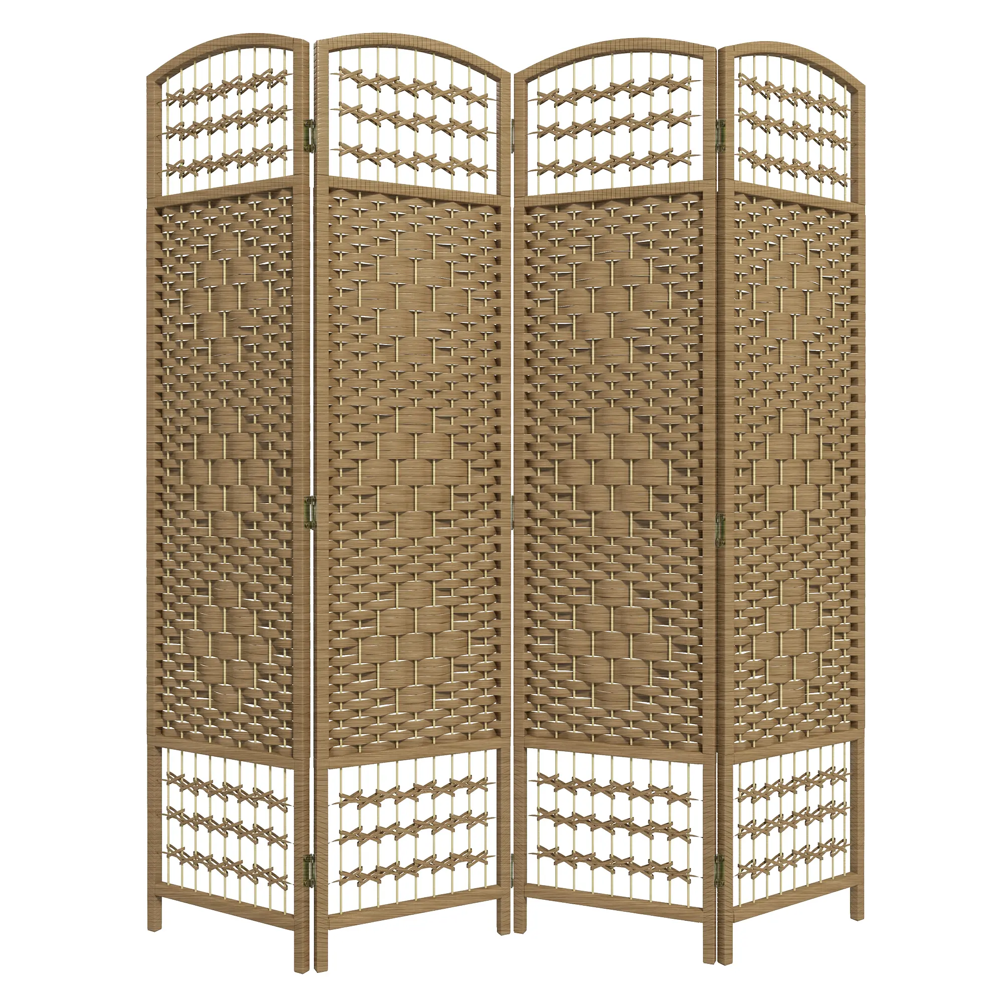 Natural Freestanding Privacy Screen 4 Panel Folding Room Divider with Wave Fiber Design for Home Office Bedroom Living Room, Wood Frame Arched Top, Woven Paper Rope Panels, Light Airflow Pass-Through, Folds 15.5“ Wide, No Assembly Required