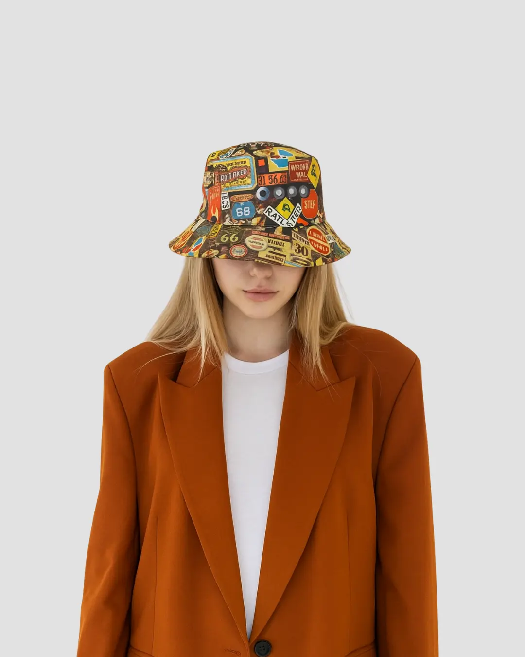 Reversible Street Style Bucket Hat - 2-in-1 Look Cotton Material with Unique Sticker Design and Solid Black Reverse Side