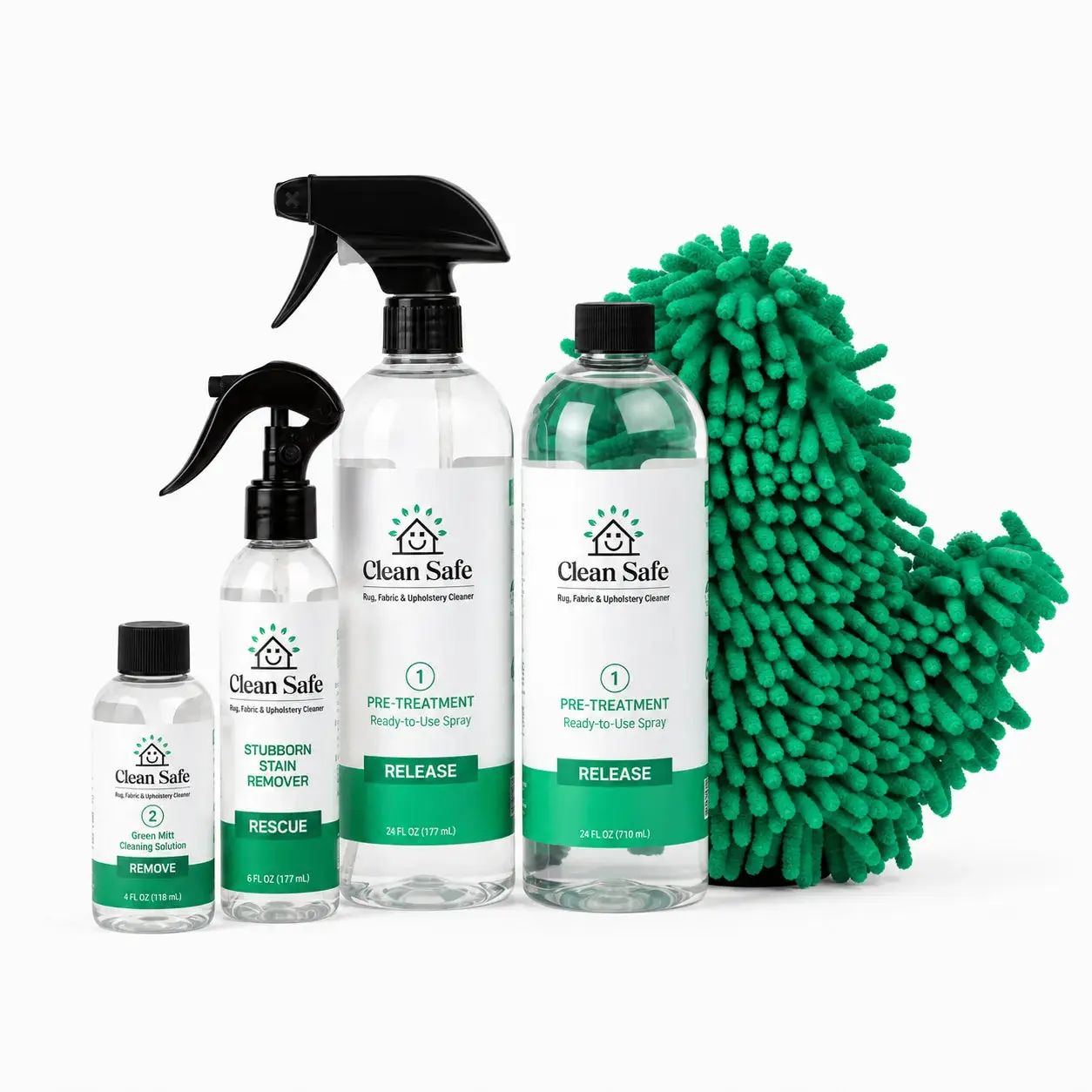 Green Mitt Kit  Fabric & Upholstery Cleaners – 32oz & 16oz non-toxic fabric cleaner for carpets, upholstery & stains. Safe for pets & kids.