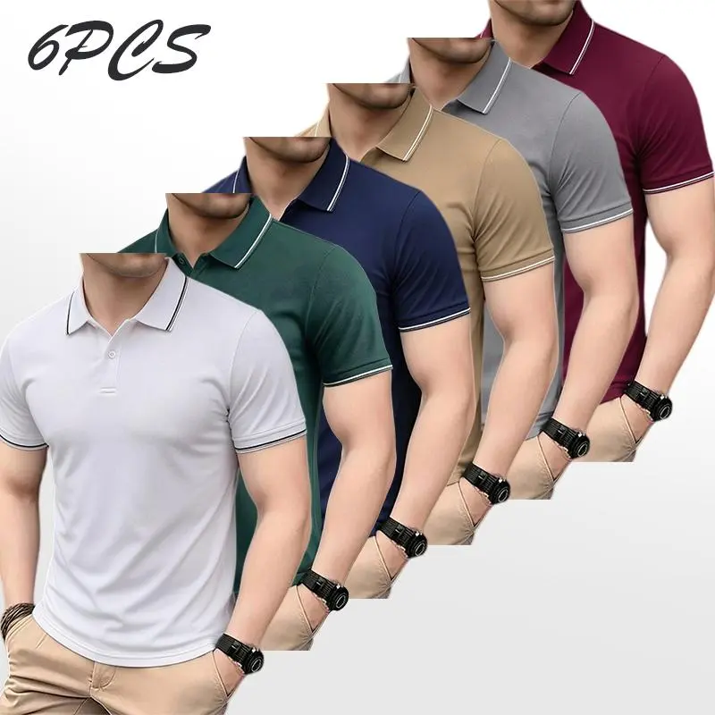 Men’s 6-Piece Dryfit Polo Shirts Week-Long Set - White Striped Collar Menswear Tops, Quick-Drying Breathable Athletic Activewear, Ideal for Golf, Tennis, Fitted, M