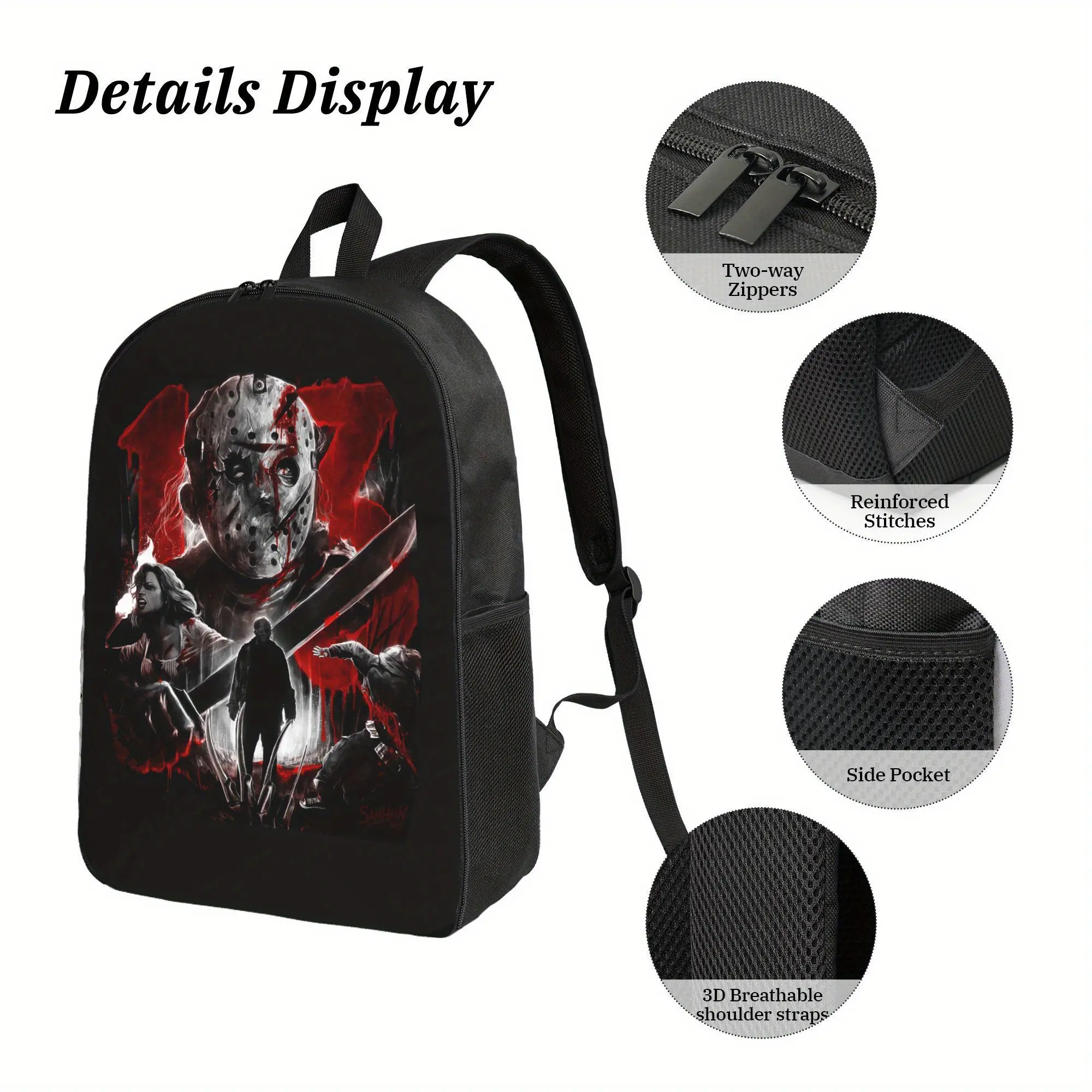 Men's Vintage Friday the 13th Jason Voorhees Horror Movie Backpack - Jason Mask & Knife Graphic, Lightweight Polyester School Bag with Adjustable Straps, Zipper Closure for Halloween, Horror Fans, Everyday Carry - Friday the Thirteenth Backpack, Hallowee