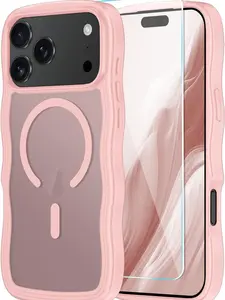 iPhone 17 Pro Max Case with HD Screen Protector, [Compatible with Mag Safe] Cute Wave Translucent Matte Phone Case for iPhone 17 Pro Max, Pink