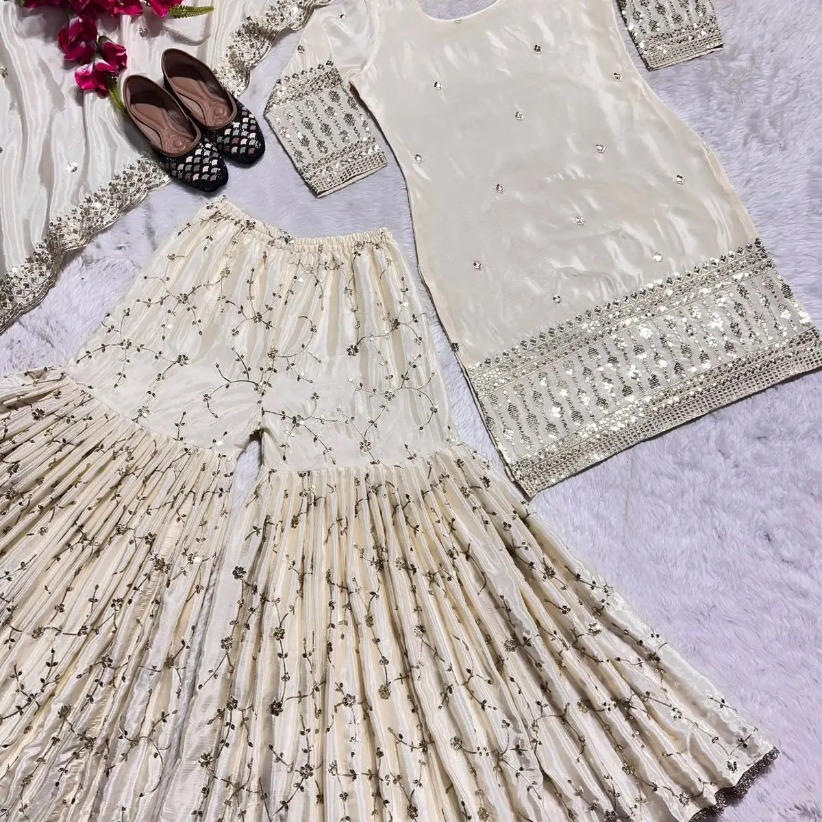 Women sharara beige sharara off white sharara party wear Indian suit pakistani dress