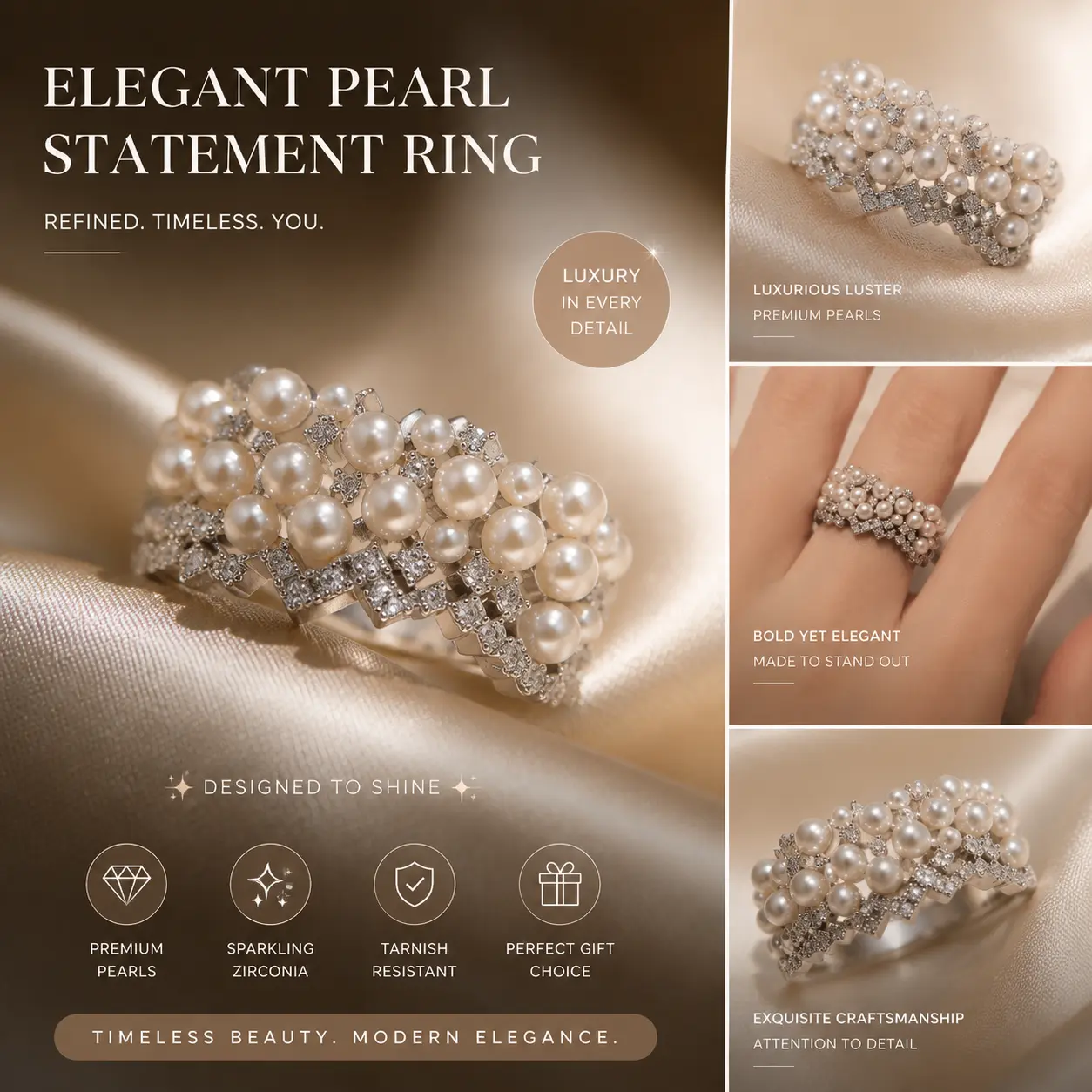 Elegant Multi-row Pearl Statement Ring, Luxury Cluster Pearl & Sparkling Zirconia Wide Band Ring. Crafted with premium smooth pearls and shiny cubic zirconia. wedding banquet accessories, perfect jewelry gift for women.