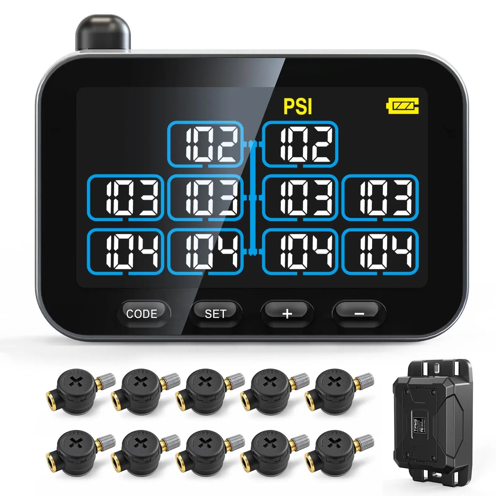 GUTA GT30 Tire Pressure Monitoring System (TPMS) for Long Trailers, 10 Flow-Thru Sensors (Monitors Up to 46 Tires), Large Color LCD Display, Signal Booster, 6 Alarm Modes, Easy Inflation, ±1.5 psi Acc., 0-188 PSI