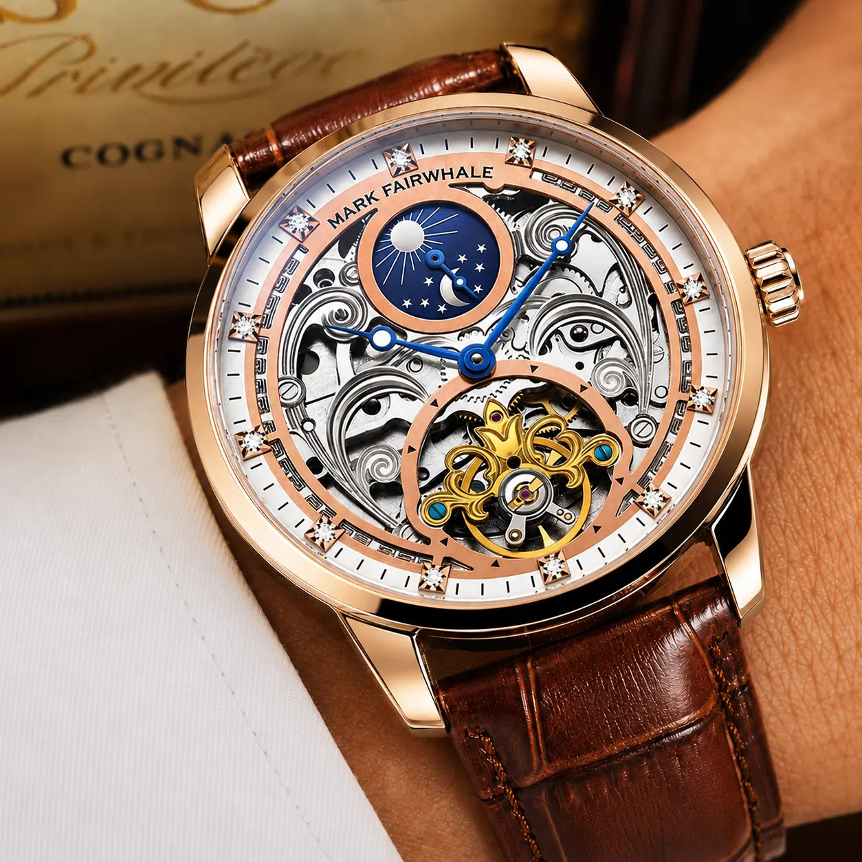 Men’s mechanical watch with tourbillon, luxury design, round large dial, steel strap, suitable for business meetings, includes an exquisite gift box, waterproof hollow mechanical watch—ideal as a men’s gift.