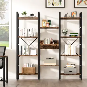 Walsunny 4-Tier Bookcase with 11 Shelves, Open Display Book Shelf with Metal Frame, Book Shelf for Home Office, Rustic,Freestanding Industrial Ladder