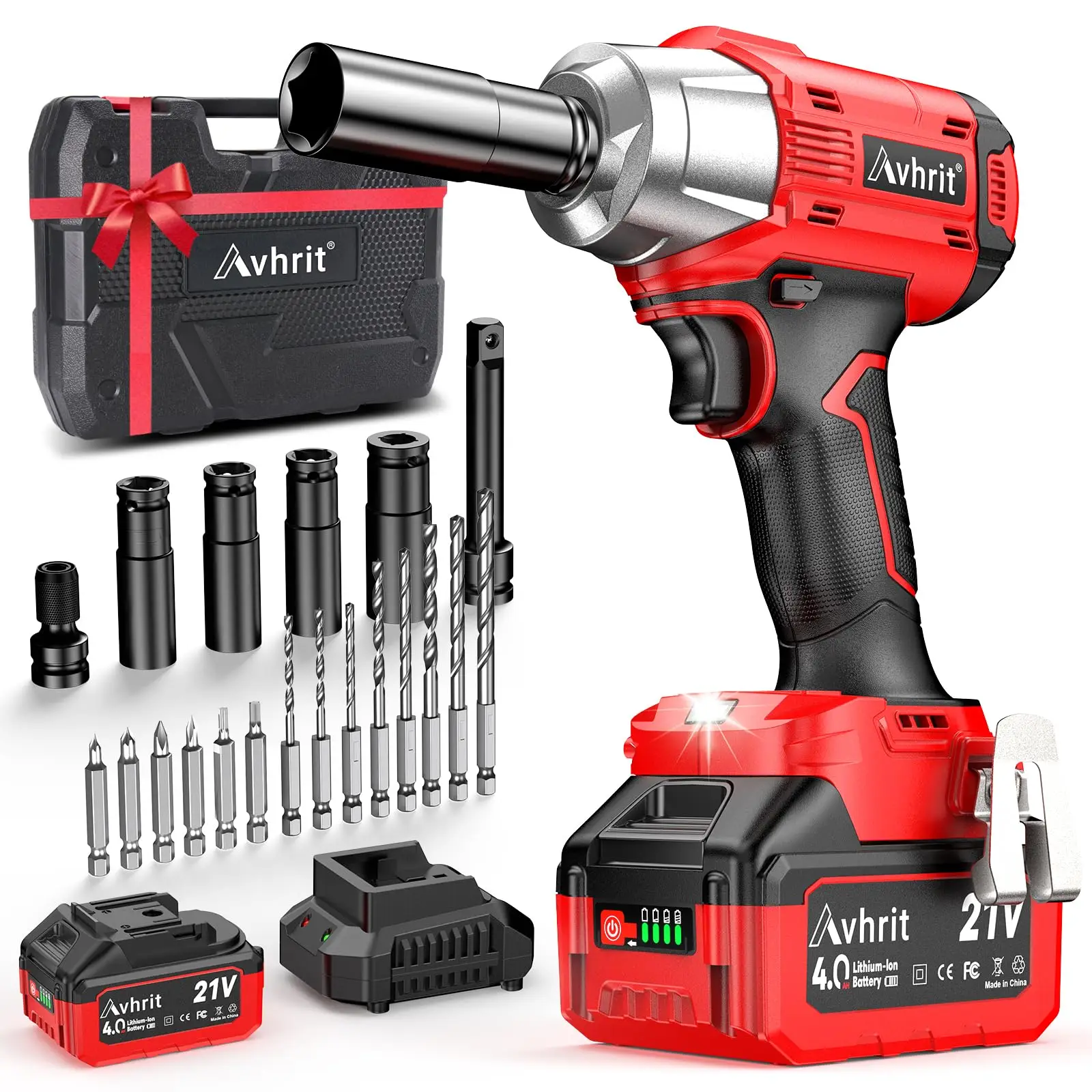 1/2 inch Impact Wrench Cordless, Max Torque 480 Ft-lbs 21V Brushless Motor 3300 RPM, with 6 Sockets, 1 Extension Bar, 4.0 AH Li-ion Battery (One Batte