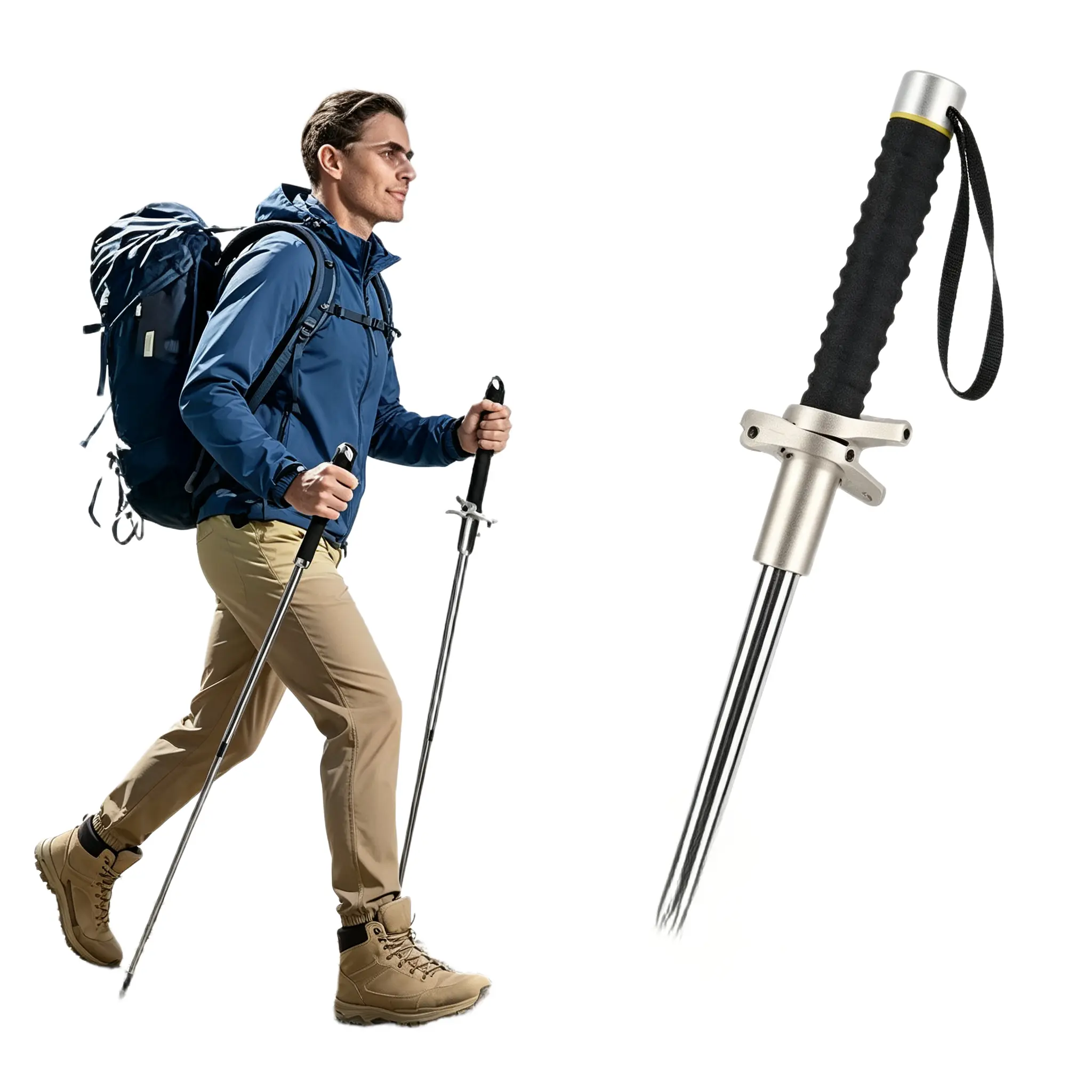Collapsible Spring Shock Absorbing Hiking Trekking Poles, Durable Telescopic Walking Sticks With Anti-Slip Grip, Compact Travel Design, Reliable Support Gear For Mountain Treks, Snow Trails, Camping And Outdoor Exploration Folding Multifunctional Survival