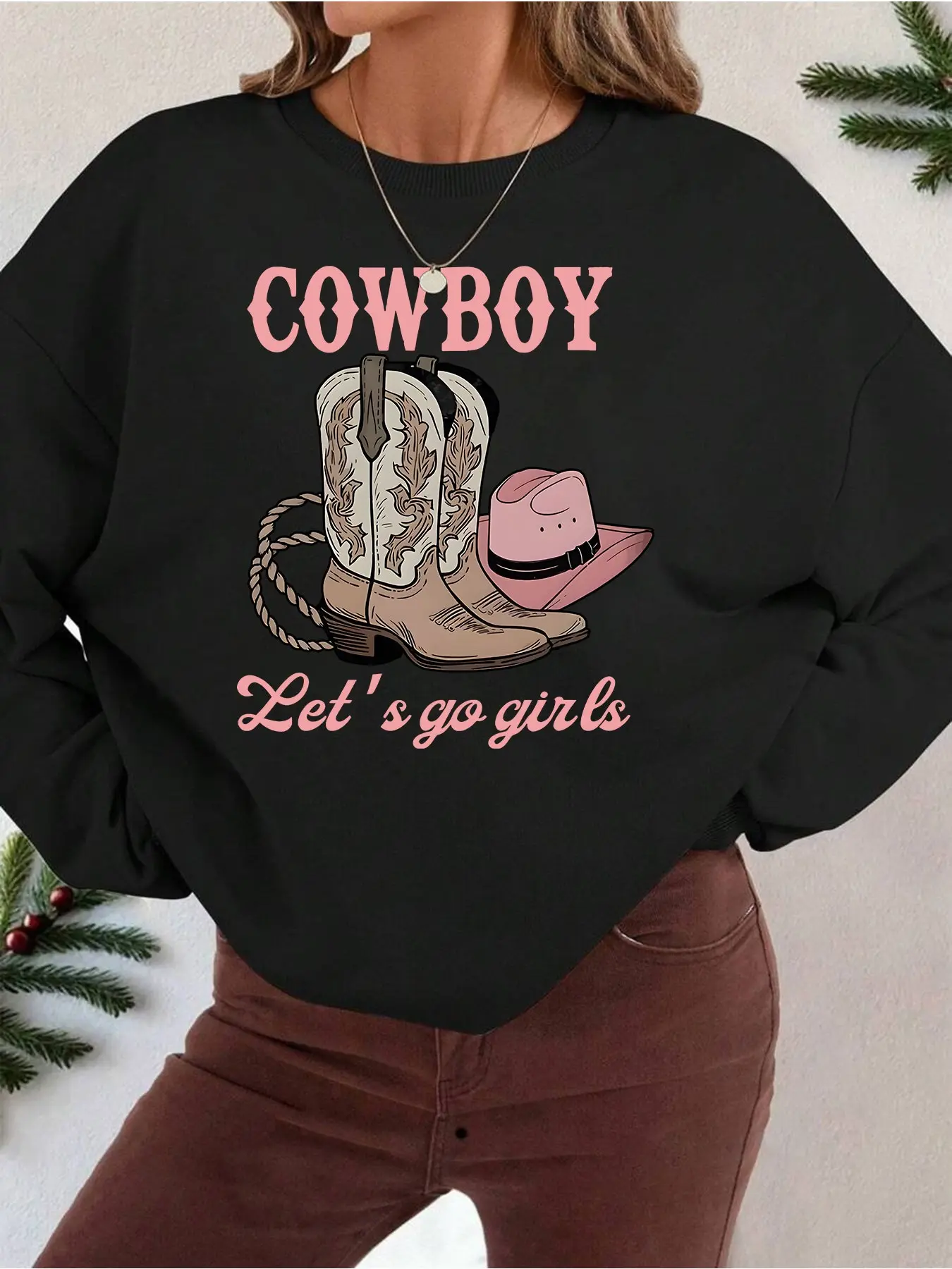 1pc Women's Fleece-Lined Casual Pullover Sweatshirt - Western Cowboy Graphic Print with "COWBOY" & "Let's Go s" Lettering, Beige & Pink, Machine Washable, All-Season Comfort, Cowboy Accessories, Seasonal Fashion, Playful Design, Comfortable Clothing