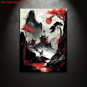 1 piece/set frameless canvas painting print poster, classic Artistic ink art, red moon Japan, perfect gift for Japanese scenery lovers, ideal gift for bedroom, living room, kitchen, dormitory corridor, mural, wall decoration, room decoration