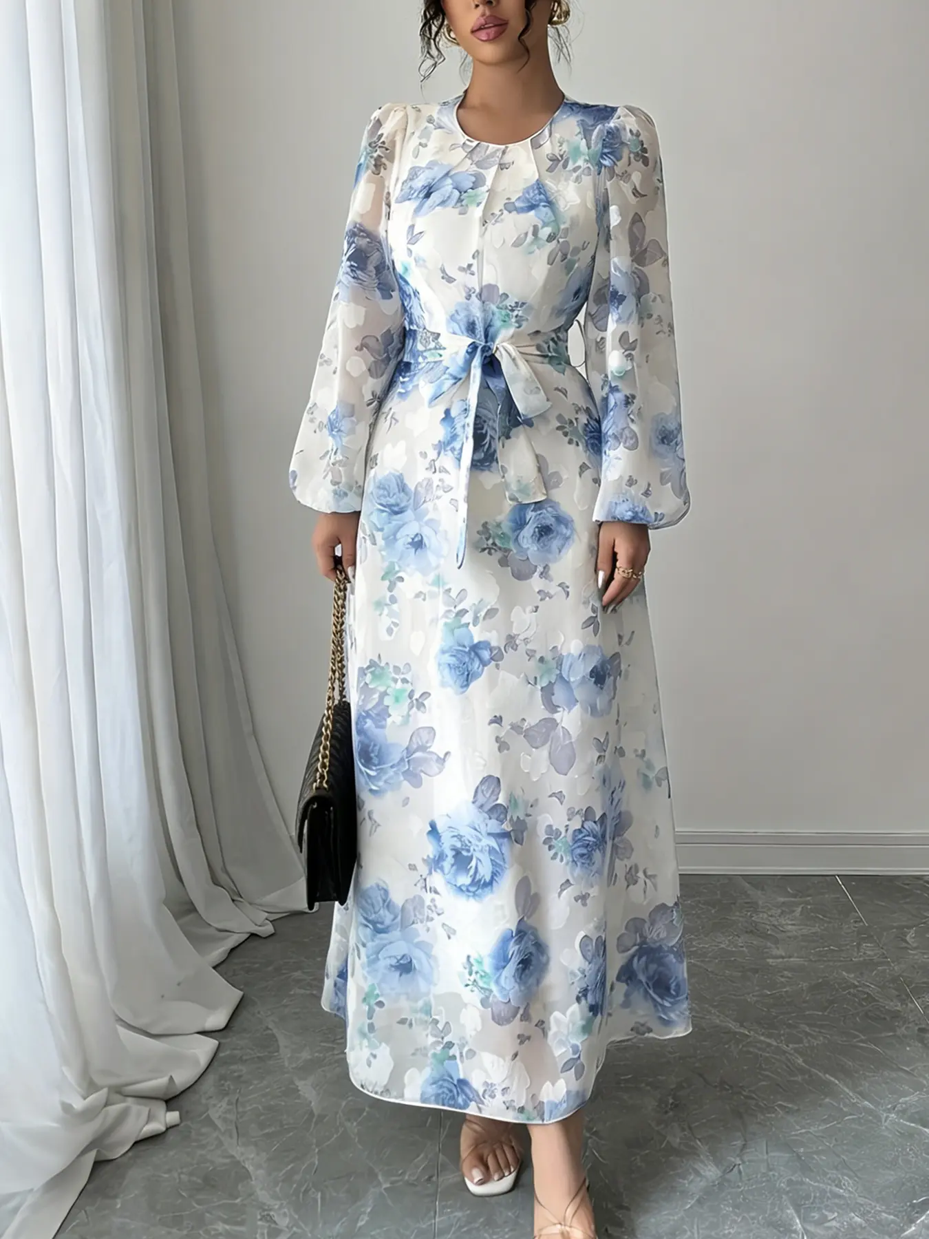 A women's white and blue floral print waist cinching long dress, Boho Casual Elegant, Lady, Long sleeve, suitable for commuting, shopping, outdoor and indoor activities