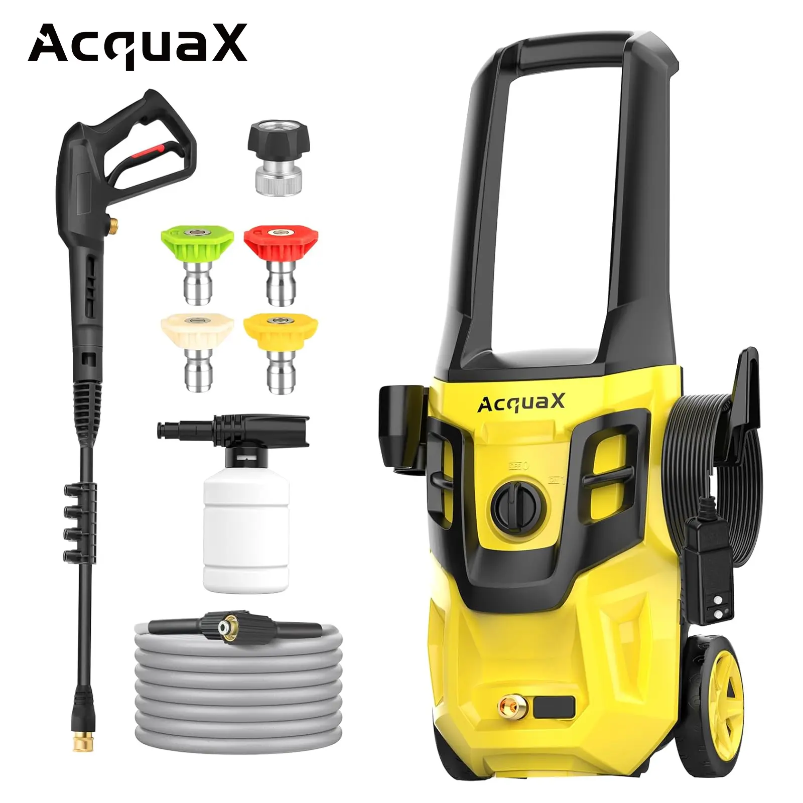 AcquaX C4013-1800D Yellow Electric high-pressure cleaning machine with 2300 PSI, 1.8 GPM, equipped with a foam cannon and 4 different pressure nozzles, for cleaning patios and cars（ X-401210） Heavy Duty Hose pressure washer