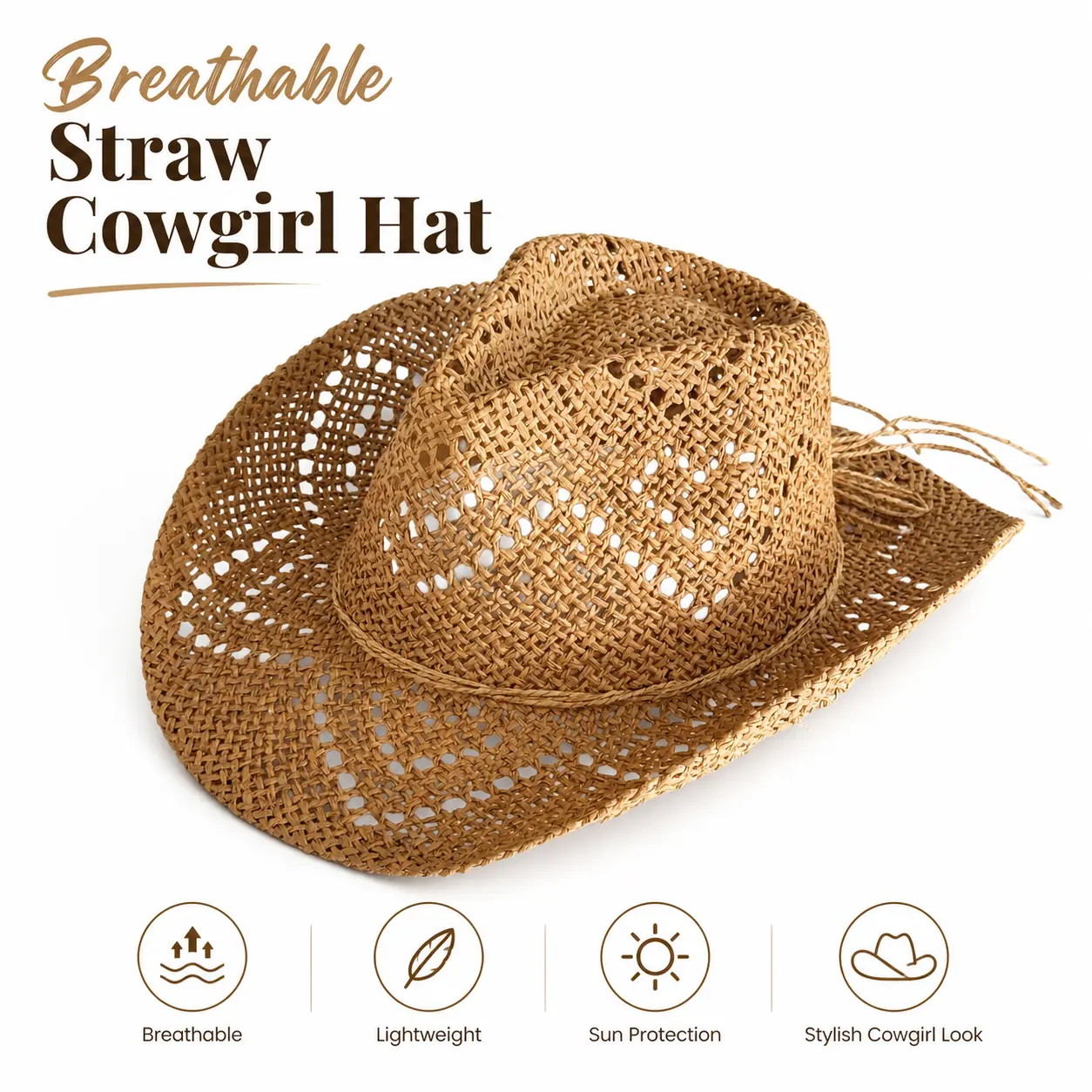 Unisex Vintage Papyrus Straw Western Hat - Hollow Out Mesh, Thin Rope Band, Wide Curved Brim, Western Style, Cowboy Look for Beach Travel