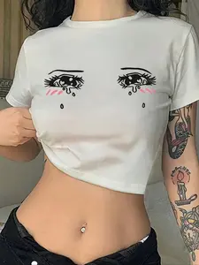 Women's Cartoon Eyes Print Round Neck Crop Tee, Casual Fashionable Top, Casual Streetwear Slim-fitting Short Sleeve T-shirt, Ladies Summer Clothes for Daily Wear, Womenswear