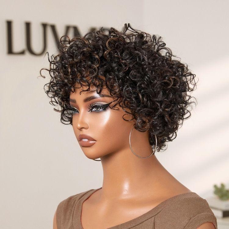 【LIVE】Brown Highlight Throw On & Go Short Bouncy Curls with Bangs Glueless Wig 100% Human Hair - US Only
