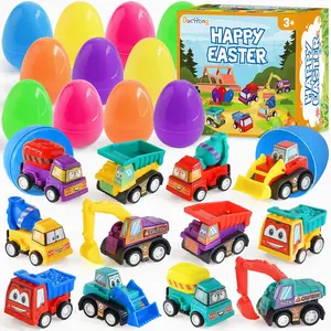 Prefilled Easter Eggs with Cars Toys,12 Packs 2.8“ Plastic Eggs with Pull-Back Construction Vehicles