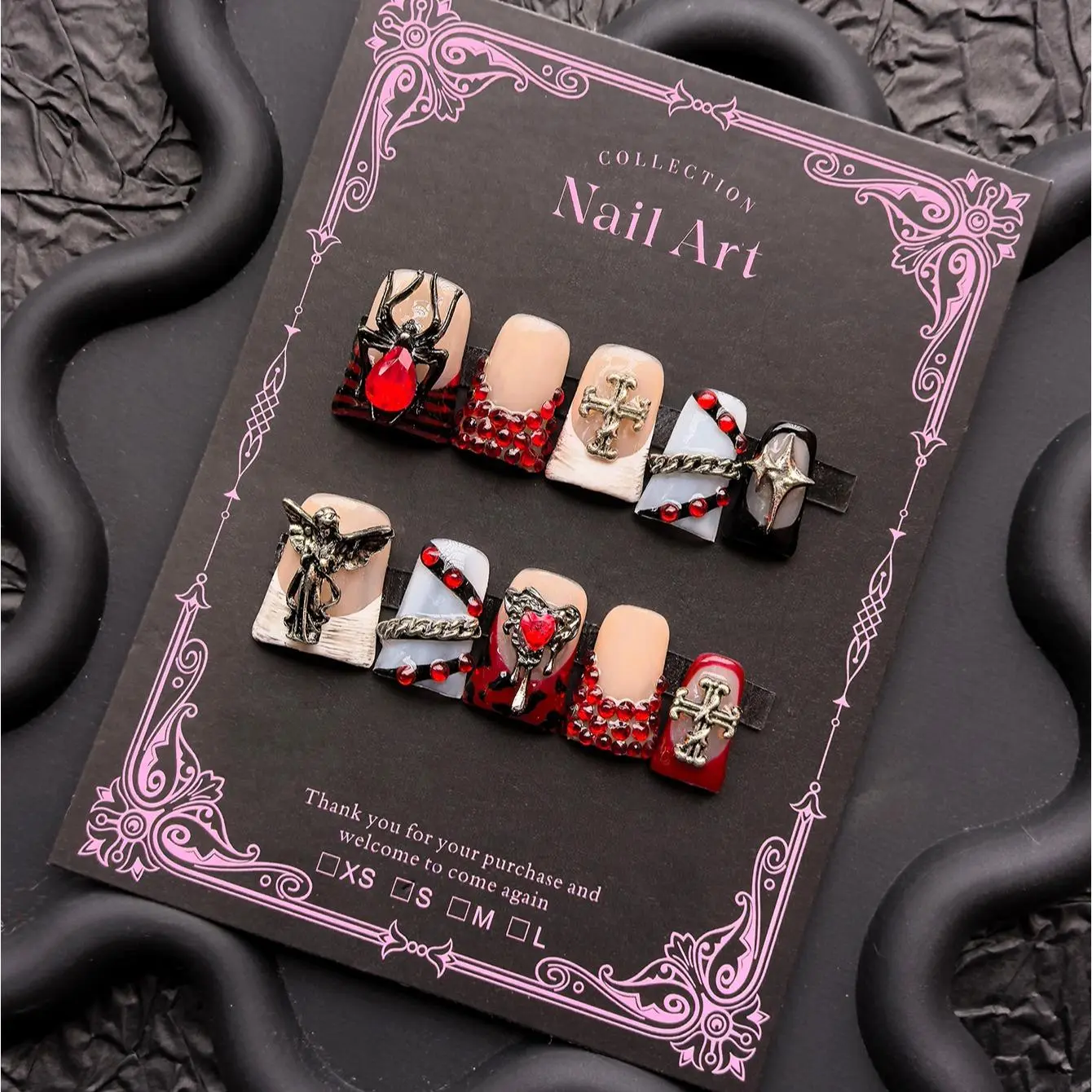 Y2K Punk Style False Nails, Gothic Spider & Cross Design, Medium Square Shape, Perfect for Parties & Birthdays, Artistic Nail Art, Nail Art Diy, Decorative Nails, Fake Nails