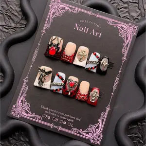 Y2K Punk Style False Nails, Gothic Spider & Cross Design, Medium Square Shape, Perfect for Parties & Birthdays, Artistic Nail Art, Nail Art Diy