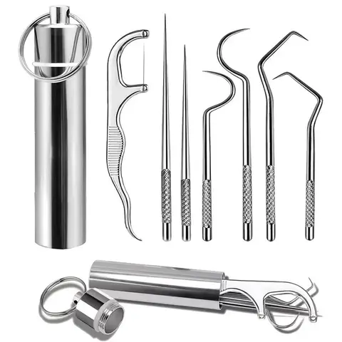 7PCS Stainless Steel Toothpick Pocket Set, Dental Floss Pick, Reusable Teeth Cleaning Tools Kit with Portable Holder, Keychain Design for Outdoor Picnic, Camping, Travel Essentials
