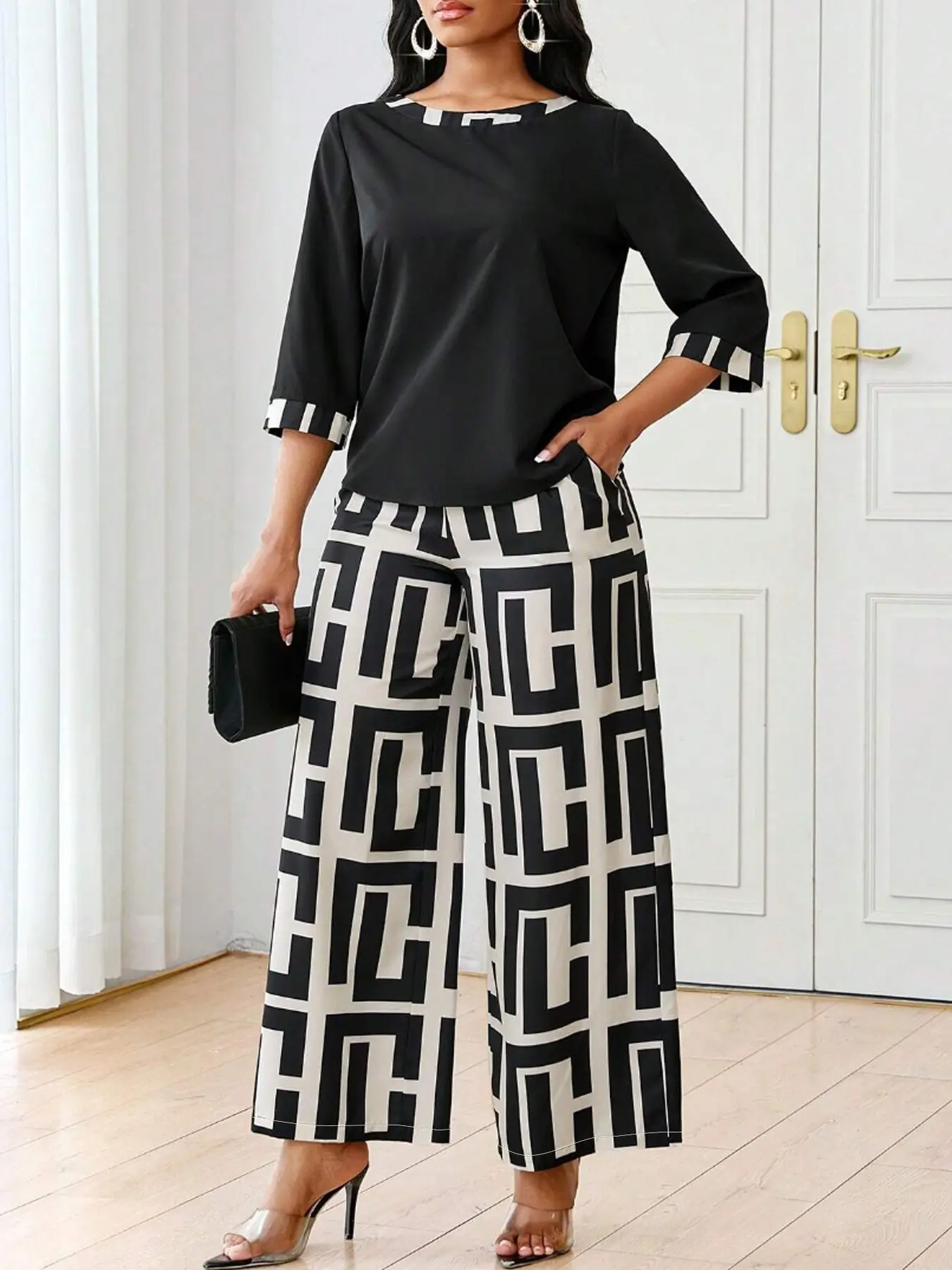 2 Pieces Women's Summer Casual Matching Sets Geometric Print Wide Leg Pants Set, Round Neck 3/4 Sleeve 2 Piece Outfit Womenswear