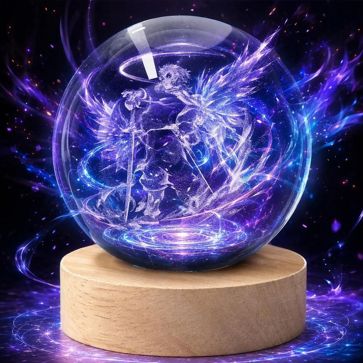 3D Inner Engraved Anime Character Crystal Ball Night Light, 6 Color Changing LED, Solid Wood USB Base, Anime Figurine Glass Decor for Bedroom, Birthday Gift for Anime Fans Keepsake Paperweight