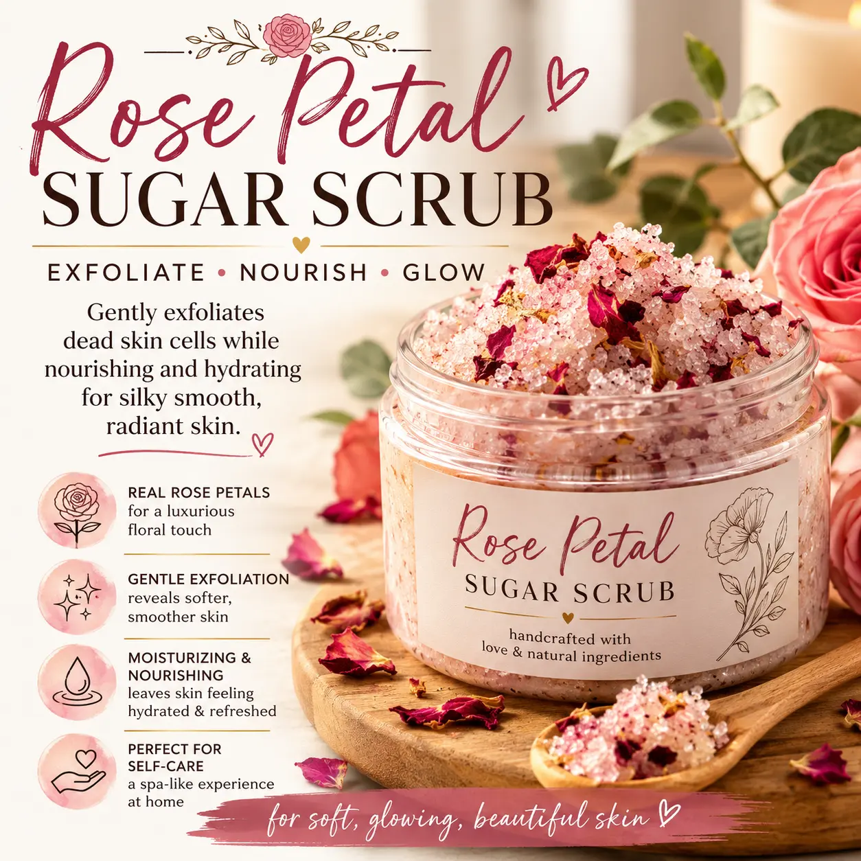 Rose Petal Sugar Body Scrub - Aromatherapy Botanical Cleansing Exfoliant Body Scrubs for Dry Skin, Exfoliate Gently, Moisturizing Formula, Silky Glow, Ideal for Hands & Feet Care, Beauty Gifts Option