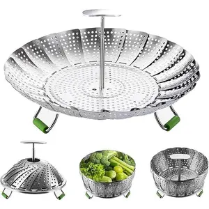 Steamer Basket, Veggie Steamer Basket for Cooking Stainless Steel Folding Vegetable Steamer Insert with Extending Removable Center Handle Expandable to Fit Various Size Pot(5.5" to 9")