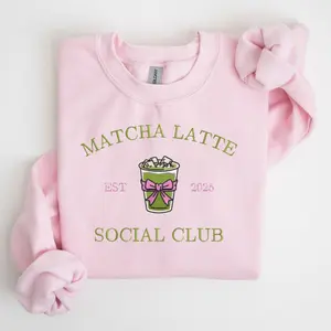 EMBROIDERED Matcha Latte Social Club Sweatshirt, Matcha lover embroidery, Iced Drink, Cute Bow Café Aesthetic, Machine Embroidery, Coffee PES