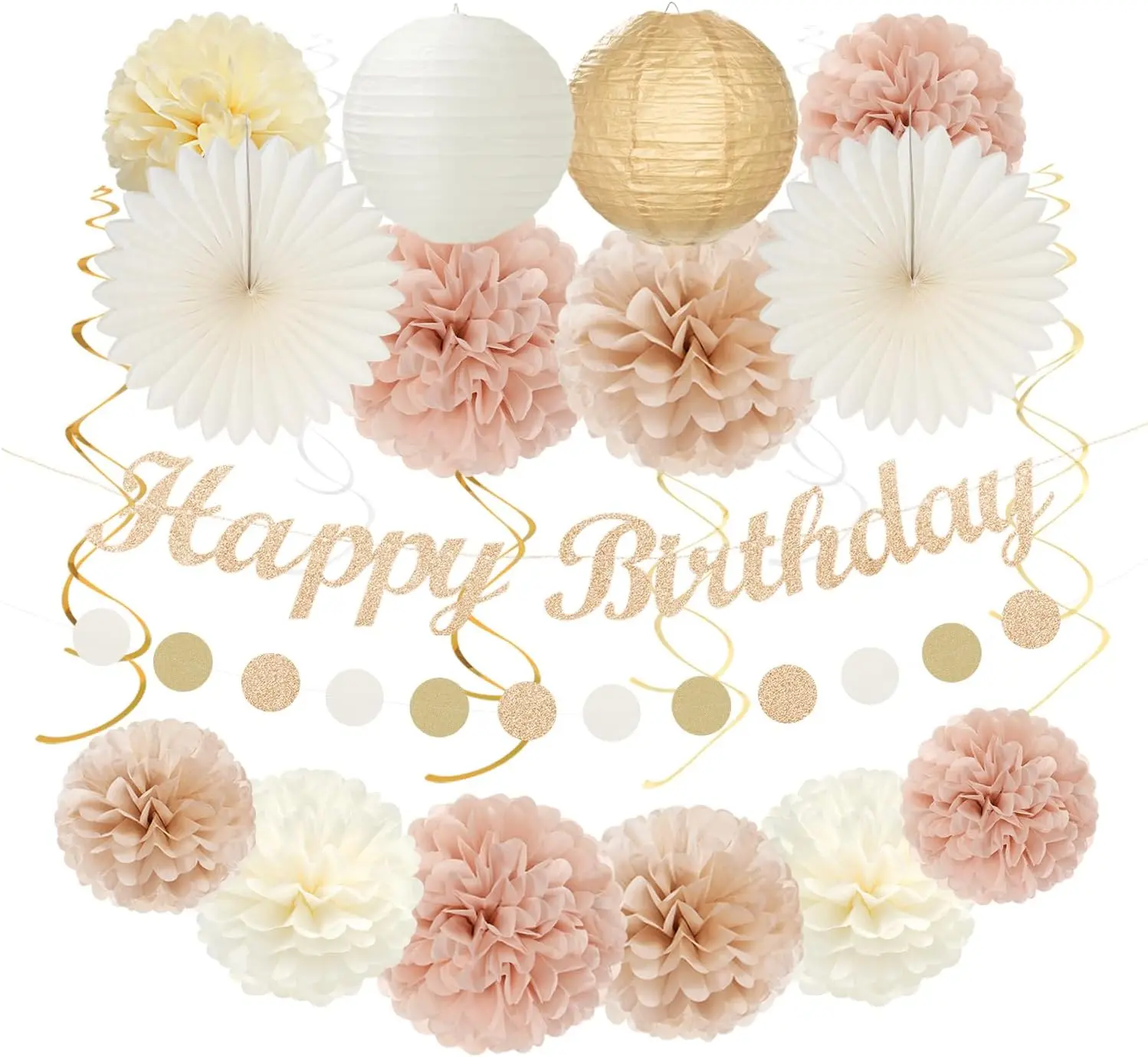 Champagne-Gold Beige Pink Peach Synthetic Adult Happy Birthday Party Decoration Kit - 22-Count Retro Paper Lanterns, Streamers, Banner, Pom Poms, Circle Garland, Flower Fall Boho Backdrop Supplies (16,21st Celebrations)