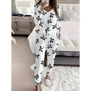 Women's Bow Print Casual Set, Long Sleeve V Neck Top & Tie Waist Pants, Ladies Homewear & Pajamas, Spring & Fall Fashion Loungewear