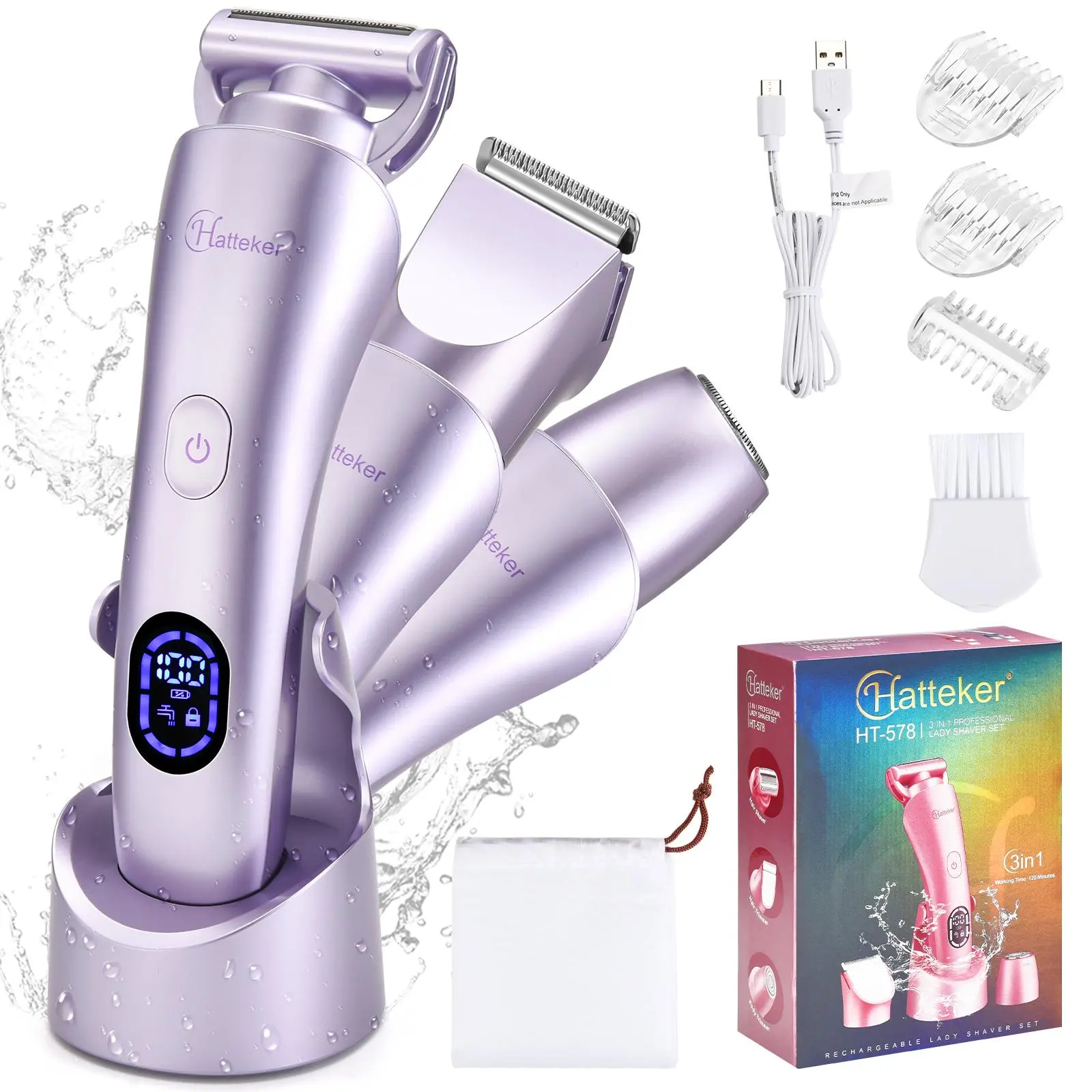 Hatteker 3-In-1 Women's Bikini Trimmer, Ipx7 Waterproof Electric Shaver, Hair Grooming Tool with LCD Display, Ideal Valentine's Day Gift, Cordless Rechargeable Trimmer, USB Rechargeable Shaver, Hair Removal Trimmer
