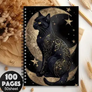 Cat Witch Tarot Card Dreamy Moon Gold Foil Cover Notebook Journal, Spiral Bound Notebook, Handwriting Book, Perfect Gift for Cat Lovers and Tarot Enthusiasts
