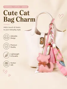 LUVTAG 1Pcs Cute Cat Bag Charm | Luxury PU Leather Pendant with Silk Scarf & Tassel, 6 Colors, Lightweight Durable Handbag/Backpack/Keychain Decor, Viral TikTok Aesthetic Accessory, Perfect Birthday/Festival Gift for Cat Lovers & Women