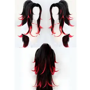 HAIRJOY  Synthetic Hair KNY Kokushibo Long Straight  Ponytail Red Black Cosplay Wig  Party Wigs Halloween Wigs